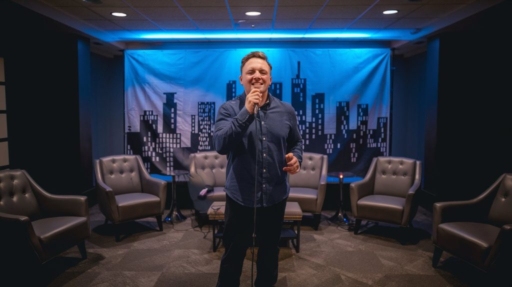 a medium shot of a man singing into a wi 7gunaqNbR4atdsSA8N14Tw 0FVuzqqXSe a xOrPzv hA 1