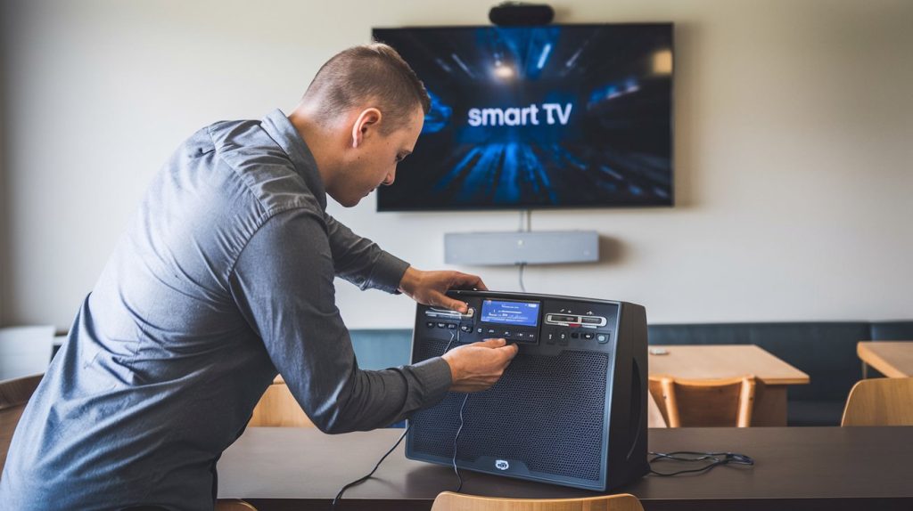a photo of a man fixing a karaoke machin ILJ3v6sXSZ6KR0c6Su4P7g 5xgpGp nRgmyrOKrTW1ZIA