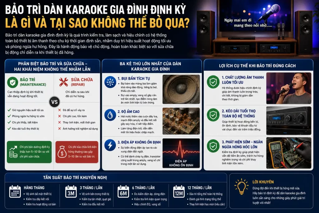 Hướng Dẫn Bảo Trì Dàn Karaoke Gia Đình Định Kỳ – Duy Trì Âm Thanh Chuẩn, Tránh Xuống Cấp 1 Bảo trì dàn karaoke gia đình định kỳ là gì và tại sao không thể bỏ qua