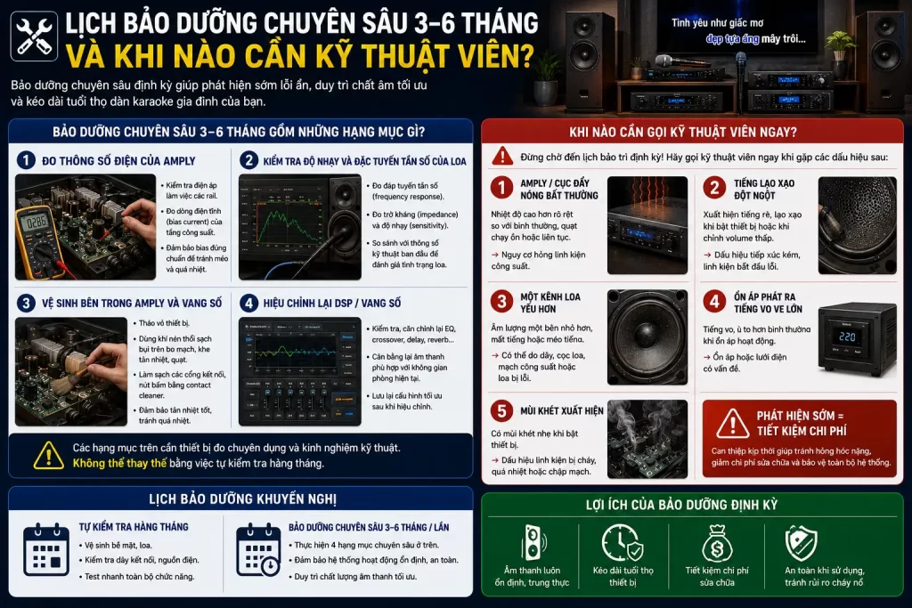 Hướng Dẫn Bảo Trì Dàn Karaoke Gia Đình Định Kỳ – Duy Trì Âm Thanh Chuẩn, Tránh Xuống Cấp 3 Lịch bảo dưỡng chuyên sâu 3–6 tháng và khi nào cần kỹ thuật viên