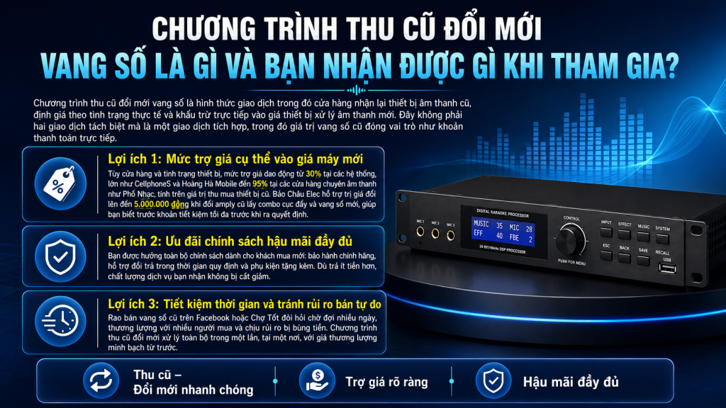 Đổi Vang Số Cũ Lấy Thiết Bị Xử Lý Âm Thanh Mới – Định Giá Cao Nhất Thị Trường 1 Chương Trình Thu Cũ Đổi Mới Vang Số Là Gì Và Bạn Nhận Được Gì Khi Tham Gia