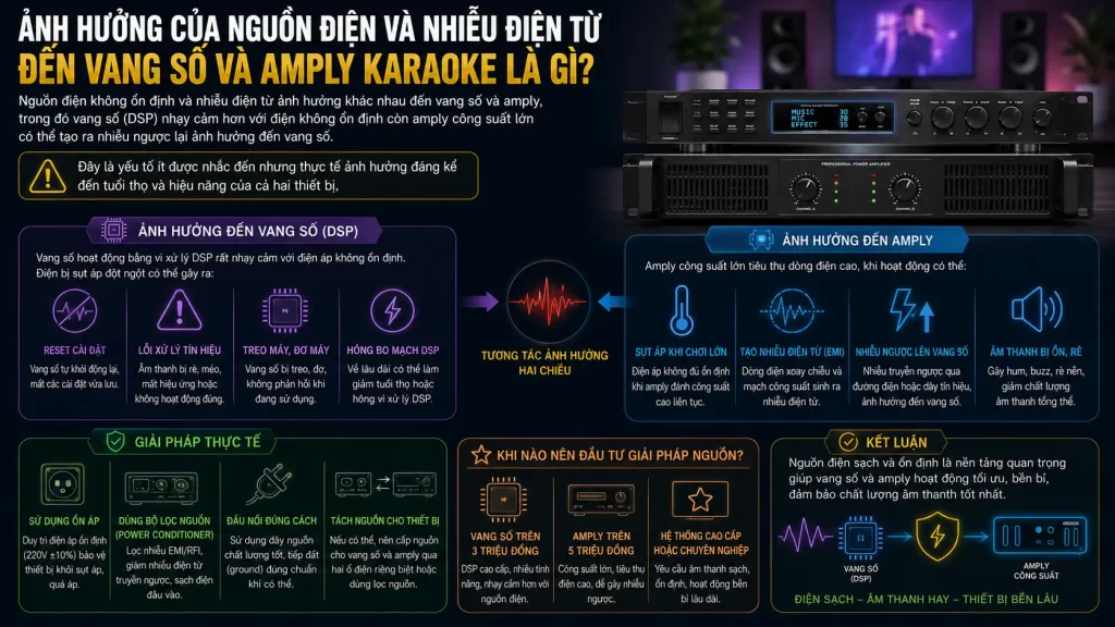 Ảnh Hưởng Của Nguồn Điện và Nhiễu Điện Từ Đến Vang Số và Amply Karaoke Là Gì