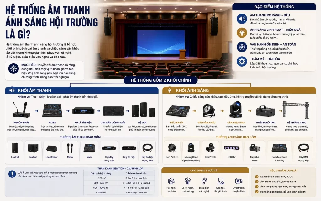 Lắp Đặt Âm Thanh Ánh Sáng Hội Trường Chuẩn Kỹ Thuật, Dễ Vận Hành 1 He Thong Am Thanh Anh Sang Hoi Truong La Gi