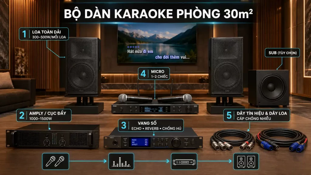 Setup Âm Thanh Karaoke Phòng 30m²: Quy Trình, Thiết Bị Và Chi Phí 2 Bộ Dàn Karaoke Phòng 30m² Gồm Những Thiết Bị Nào?