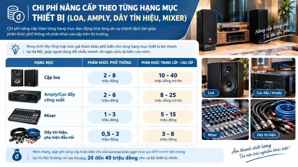Chi phí nâng cấp theo từng hạng mục thiết bị (loa, amply, dây tín hiệu, mixer)