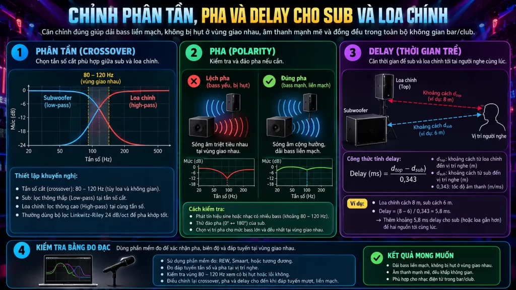 Chỉnh phân tần, pha và delay cho sub và loa chính như thế nào?