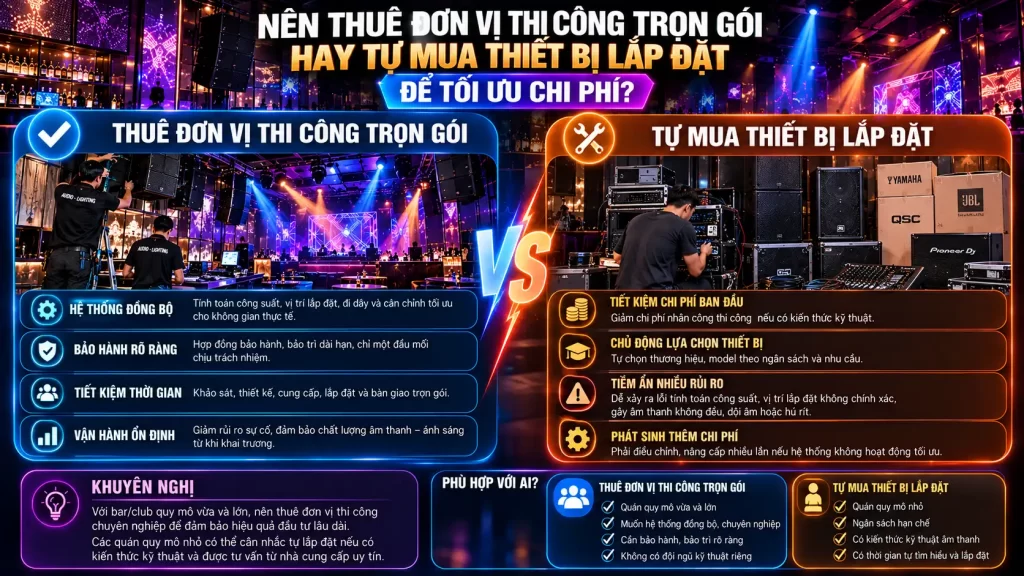 Chi Phí Đầu Tư Hệ Thống Âm Thanh Bar Club Bao Nhiêu Là Hợp Lý? 3 Nên Thuê Đơn Vị Thi Công Trọn Gói Hay Tự Mua Thiết Bị Lắp Đặt Để Tối Ưu Chi Phí?