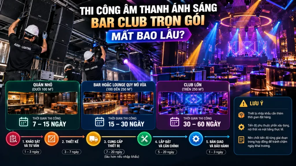 Thi Công Âm Thanh Ánh Sáng Bar Club Tại Ba Đình Trọn Gói 2 Thi Công Trọn Gói Mất Bao Lâu?