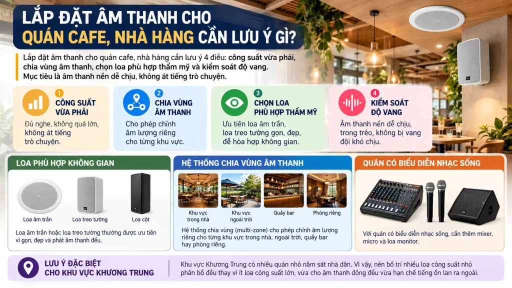 Lắp Đặt Hệ Thống Âm Thanh Tại Khương Trung Cho Từng Loại Không Gian 2 Lắp Đặt Âm Thanh Cho Quán Cafe, Nhà Hàng Cần Lưu Ý Gì?